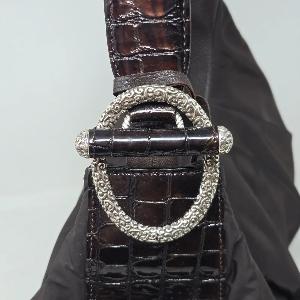 BRIGHTON Brown‎ Patent Leather Croc Embossed Nylon Hobo Purse Shoulder Bag Tote